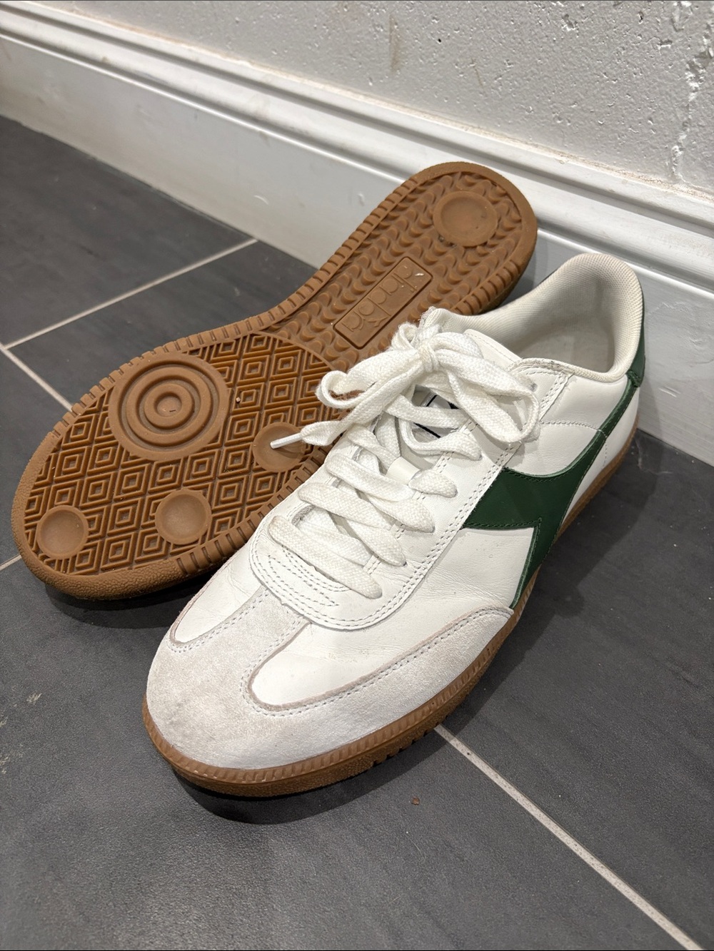 Diadora White and Green Retro Sneakers with Gum Sole